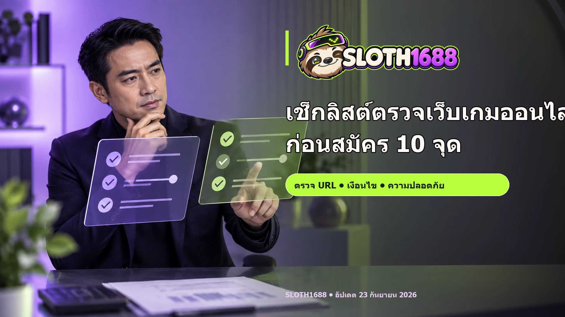 ภาพโฆษณา SLOTH1688 มีพรีเซ็นเตอร์ผู้ใหญ่ โลโก้จริง และข้อความ headline เช็กลิสต์ตรวจเว็บเกมออนไลน์ก่อนสมัคร 10 จุด